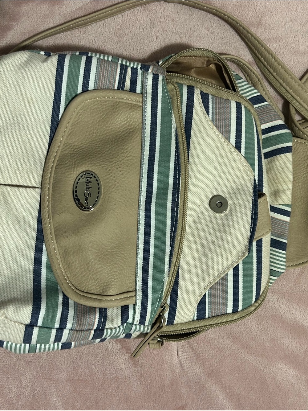 Striped Mini Crossbody Bag in Beige and Green - Unknown Brand